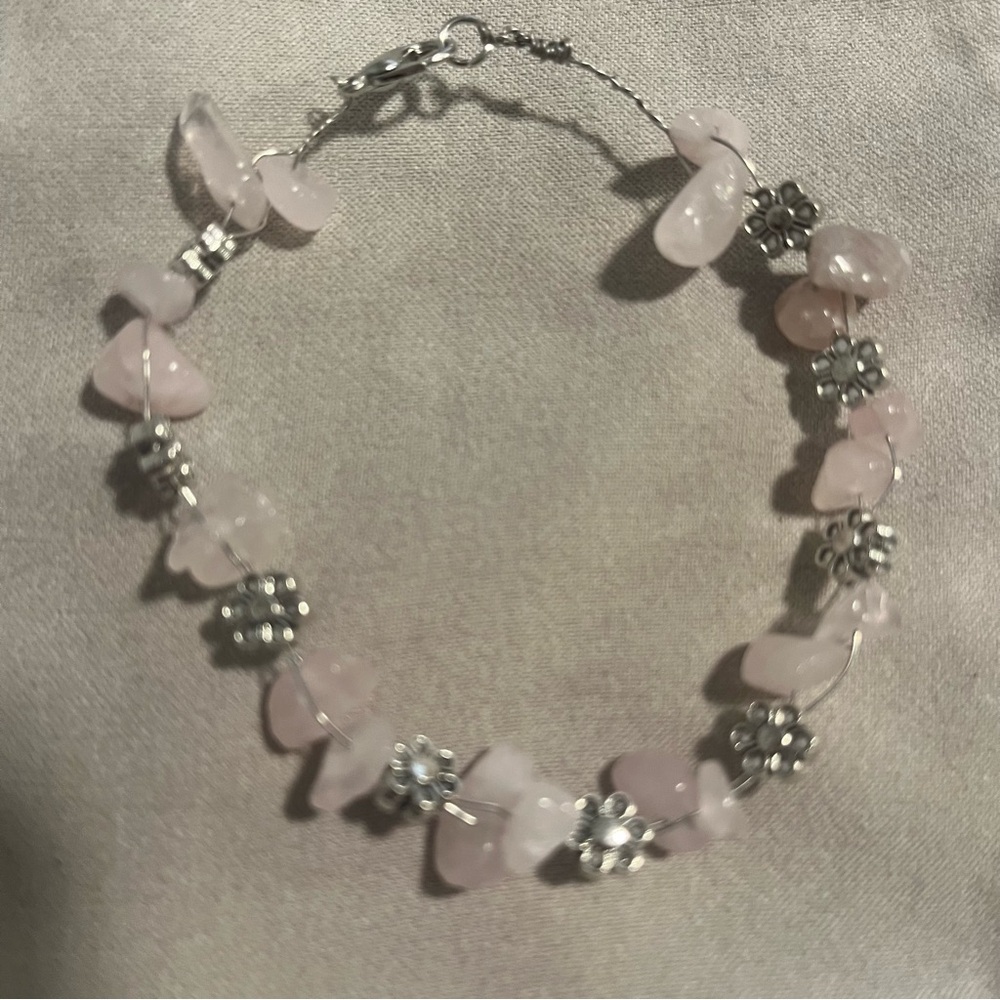 Rose Quartz Wire Wrap Beaded Floral Bracelet Pink Silver Handmade NWT